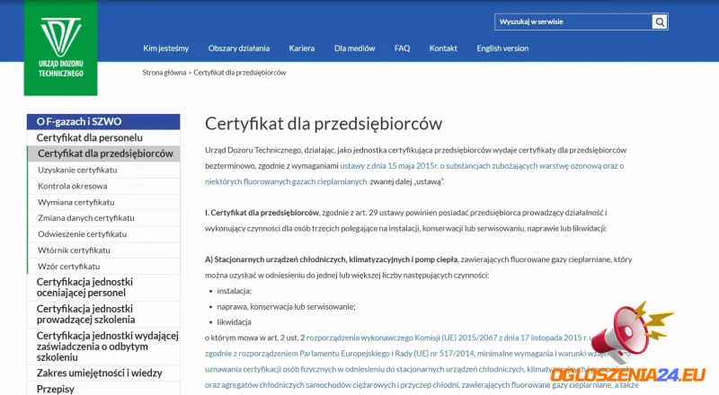 Wniosek do UDT o Certyfikat F-Gaz dla Przedsiębiorstwa